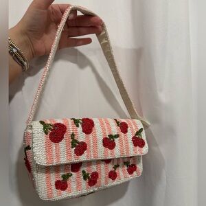 Beaded Cherry Stripe Shoulder Bag in Pink and White